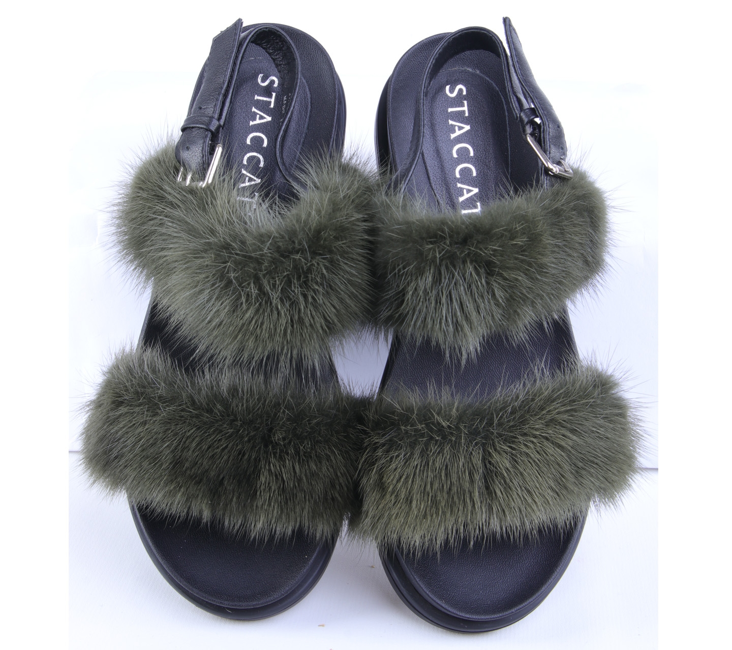 Staccato Black And Green Strap Slide Fur Sandals