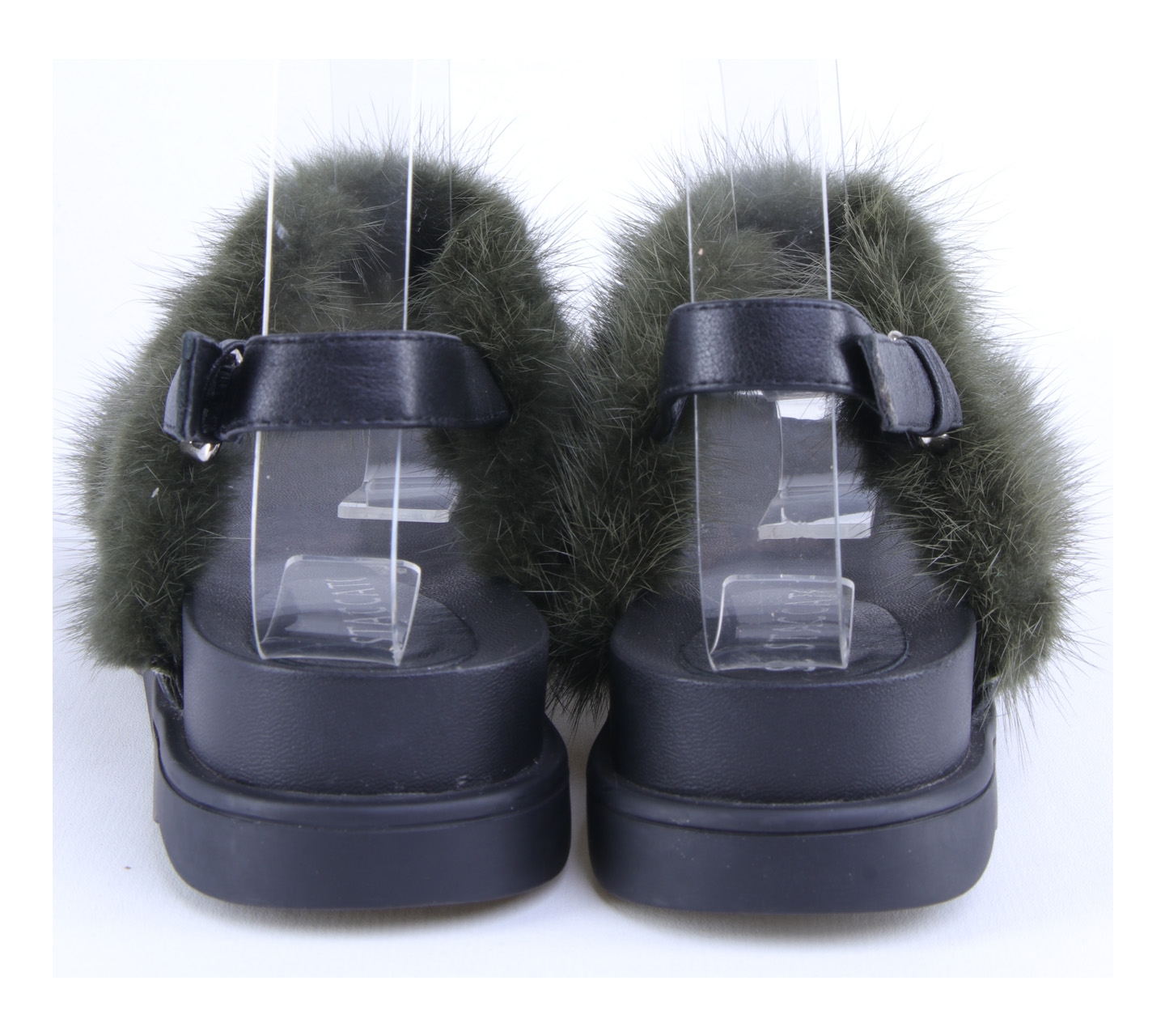 Staccato Black And Green Strap Slide Fur Sandals