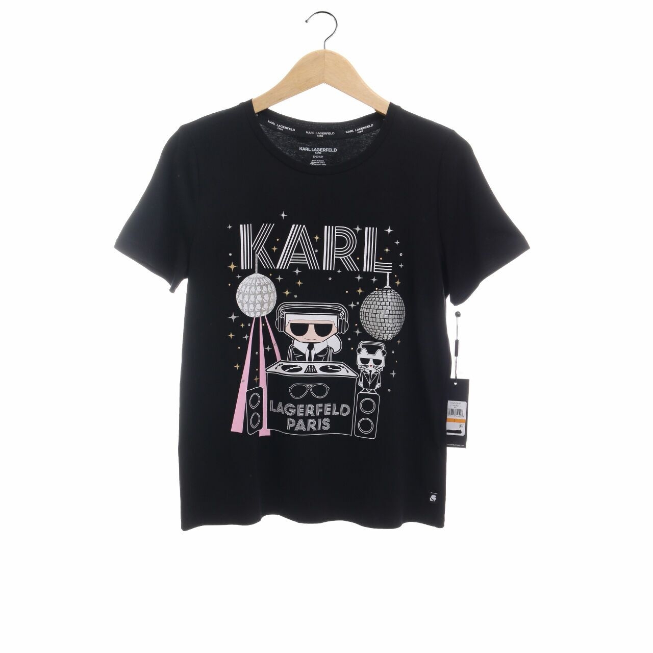 Karl Lagerfeld Tshirt Paris Black DJ Star Disco Ball sz S