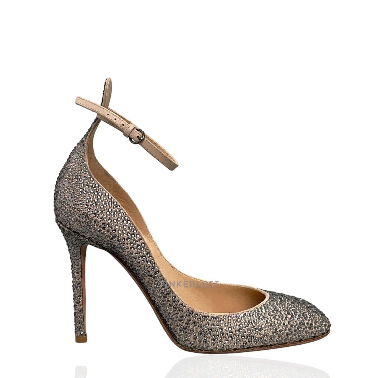 Valentino Garavani Poudre Leather Crystal Embellished Silver Ankle Strap Pumps Heels