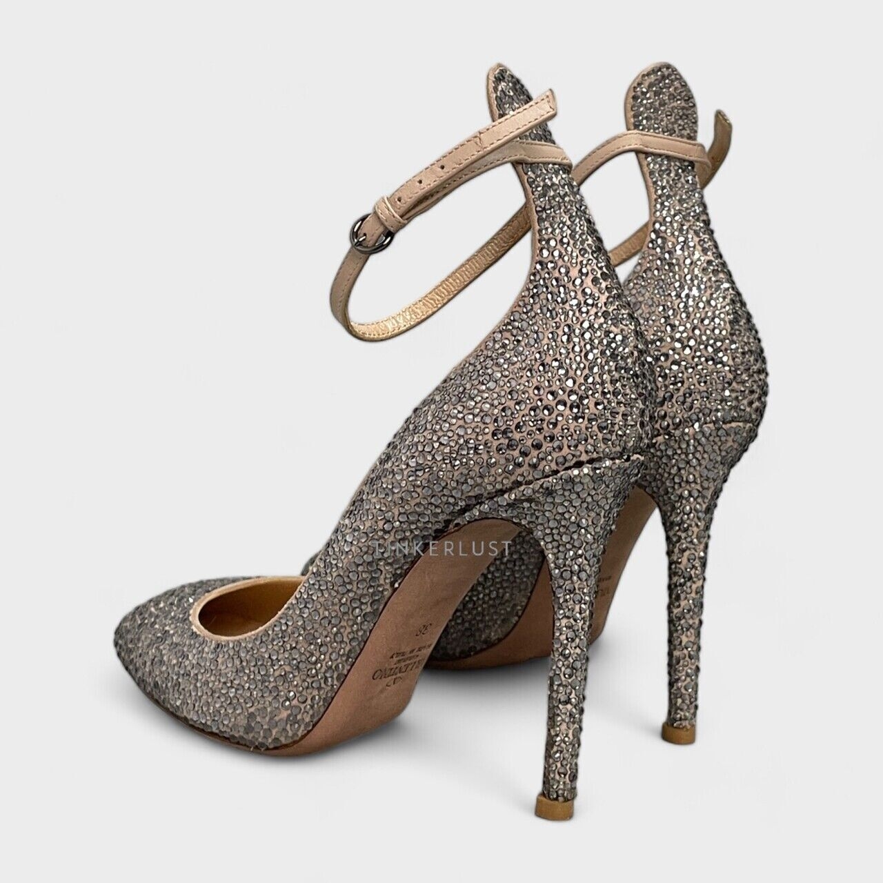 Valentino Garavani Poudre Leather Crystal Embellished Silver Ankle Strap Pumps Heels