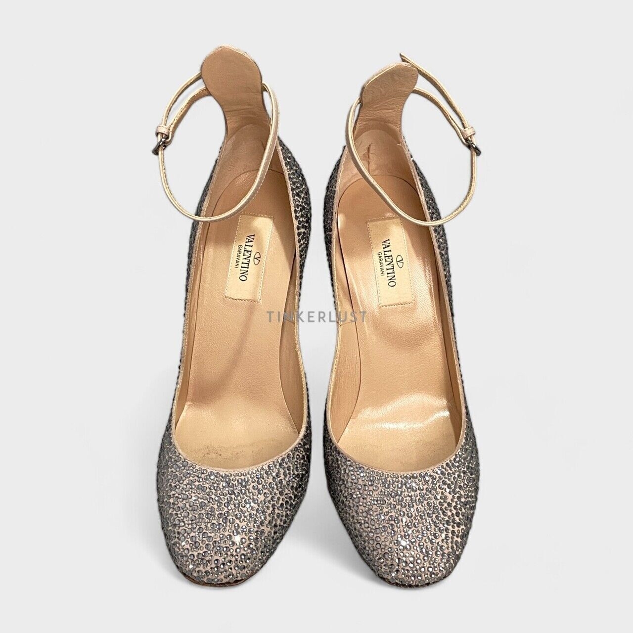 Valentino Garavani Poudre Leather Crystal Embellished Silver Ankle Strap Pumps Heels