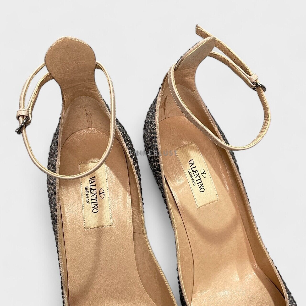 Valentino Garavani Poudre Leather Crystal Embellished Silver Ankle Strap Pumps Heels