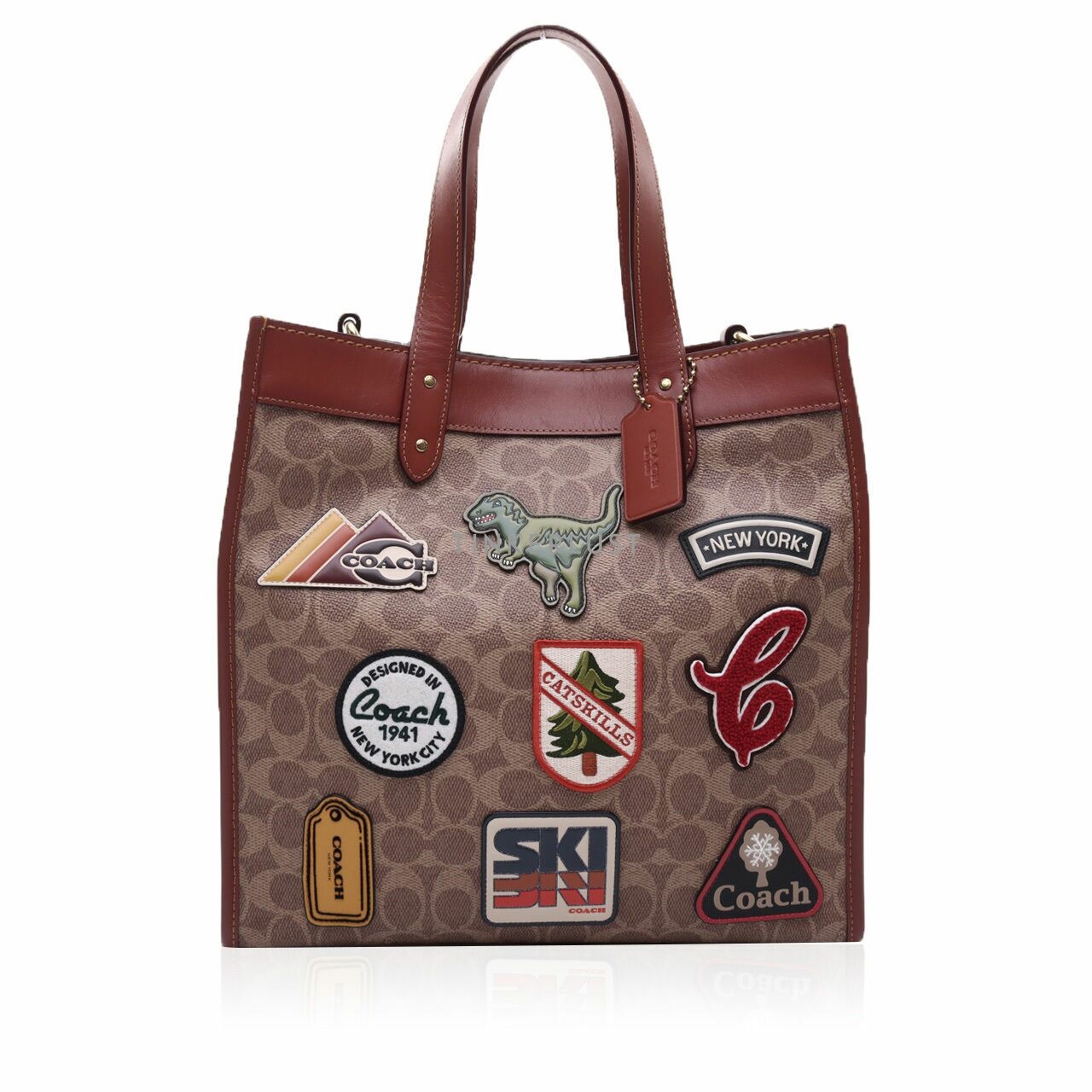 Coach Field Tote Signature Canvas Patches Tan Rust