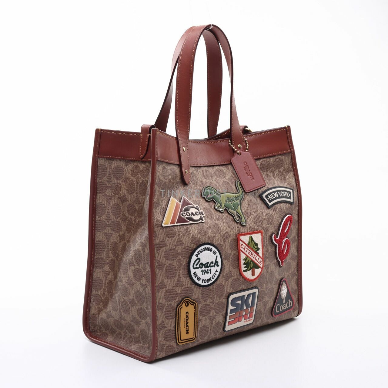 Coach Field Tote Signature Canvas Patches Tan Rust