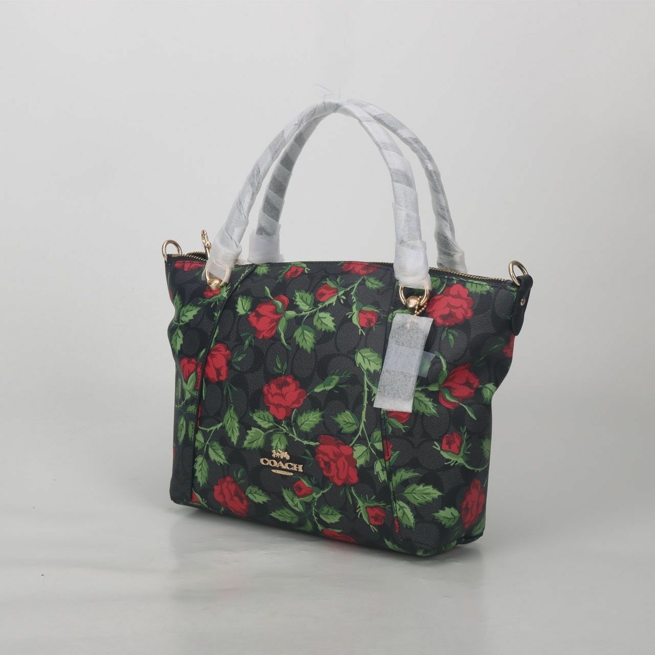 Coach CC881 Kacey Satchel Signature Canvas Fairytale Rose Print Graphite Red Multi