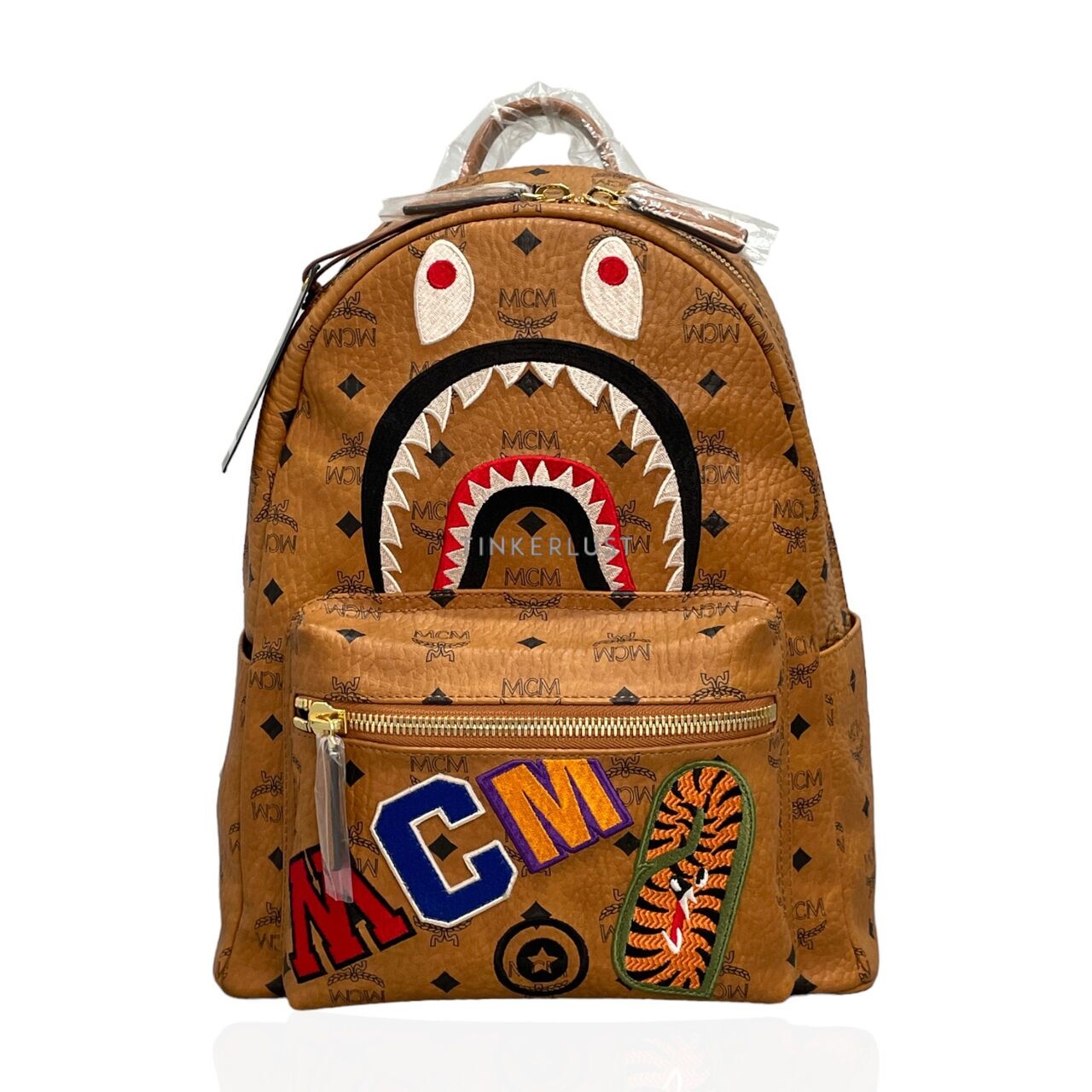 MCM x BAPE Shark Stark Visetos Cognac Leather Brown Backpack	