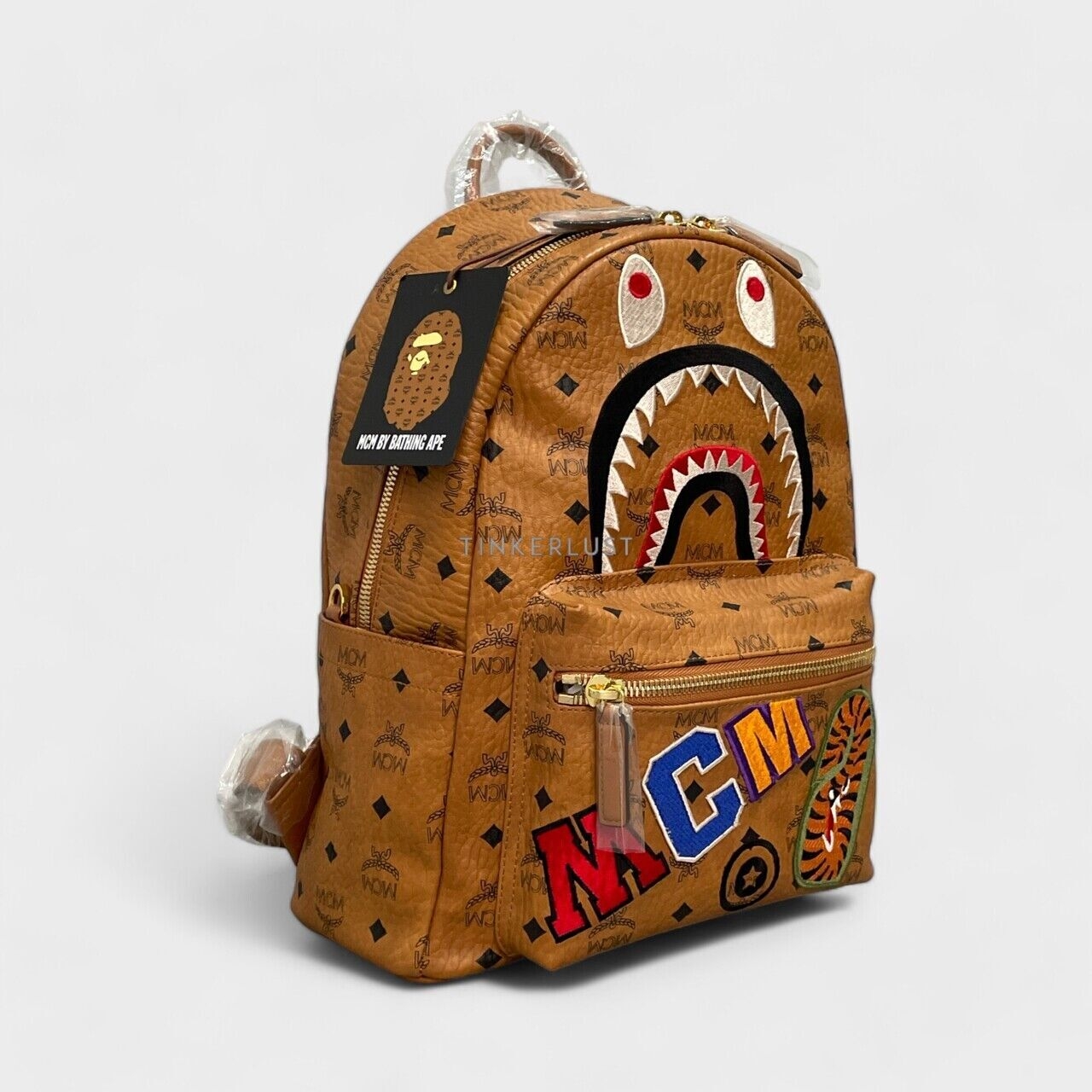 MCM x BAPE Shark Stark Visetos Cognac Leather Brown Backpack	