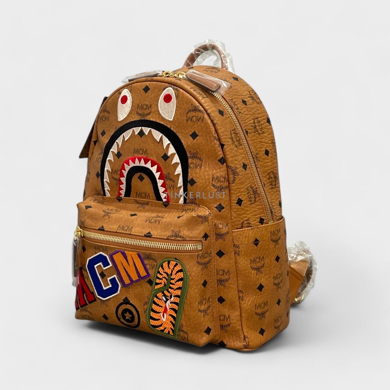 MCM x BAPE Shark Stark Visetos Cognac Leather Brown Backpack	