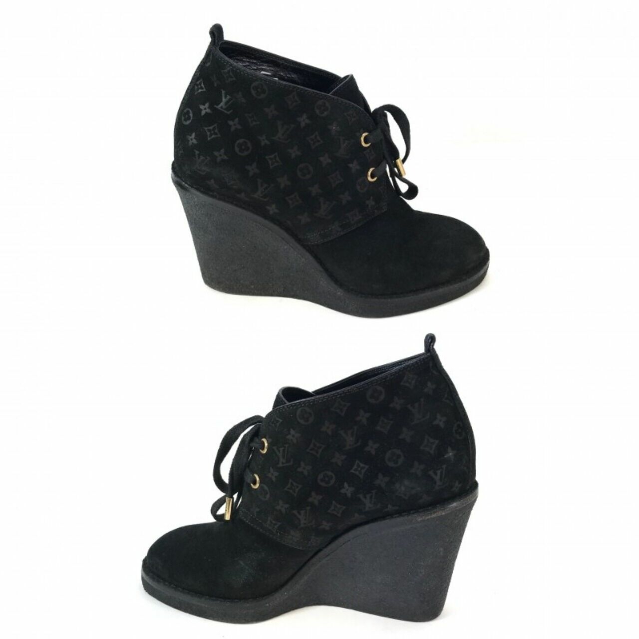 Louis Vuitton Black Monogram Suede Wedge Ankle Boots