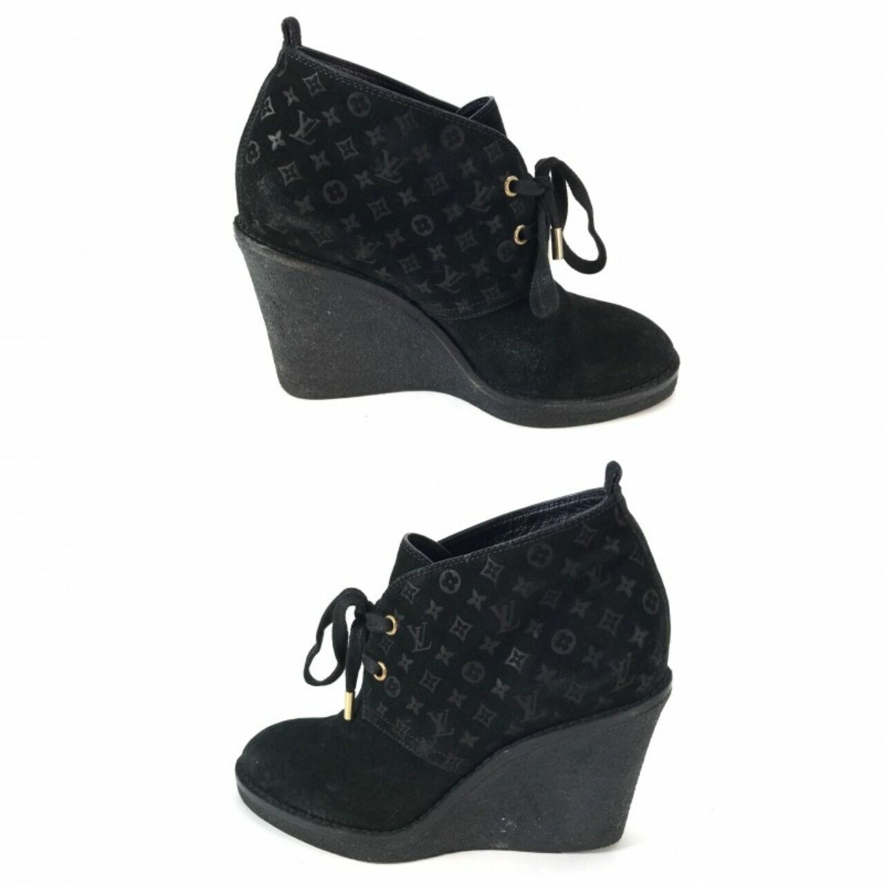 Louis Vuitton Black Monogram Suede Wedge Ankle Boots