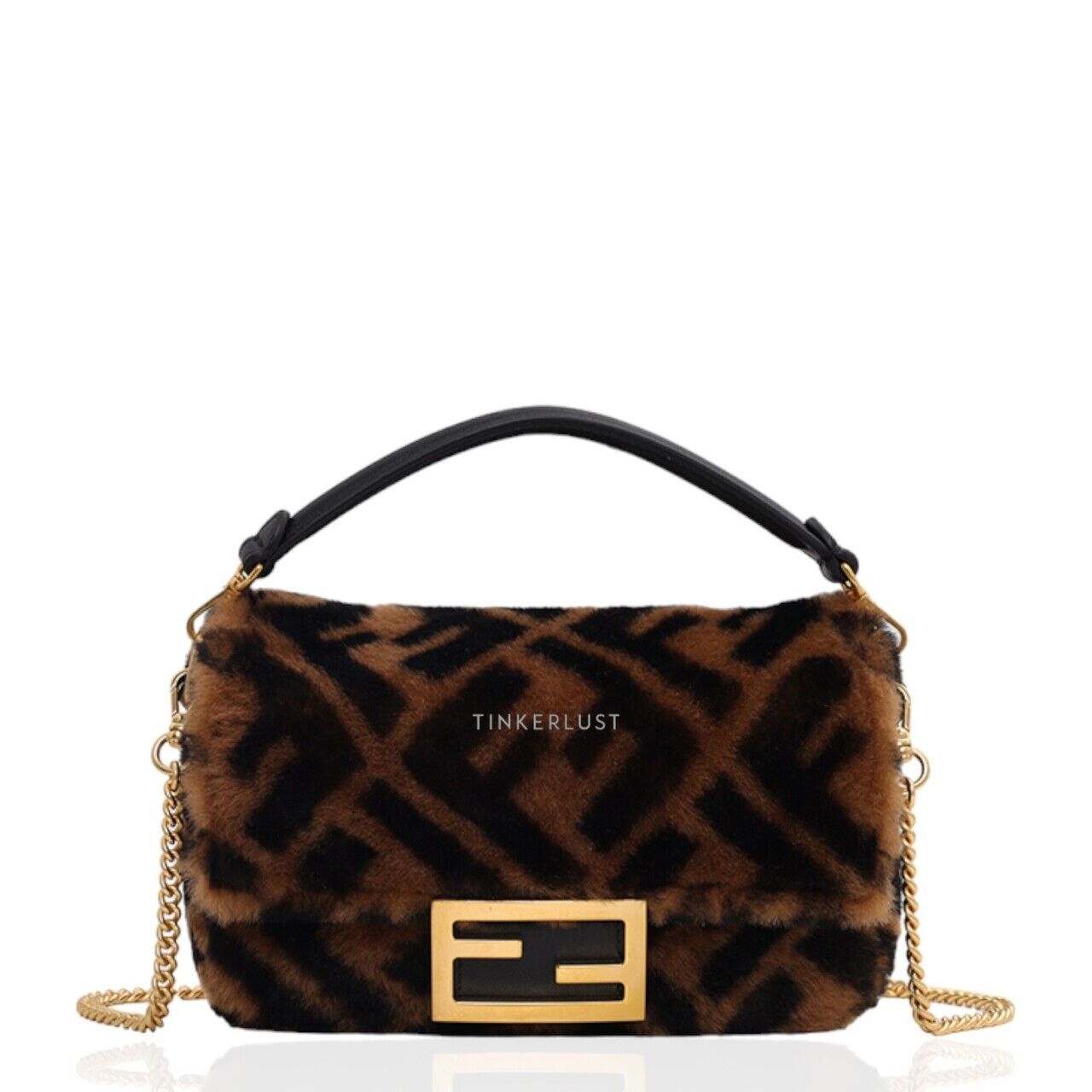 Fendi Mini Iconic Baguette Brown/Black Sheepskin Chain Satchel