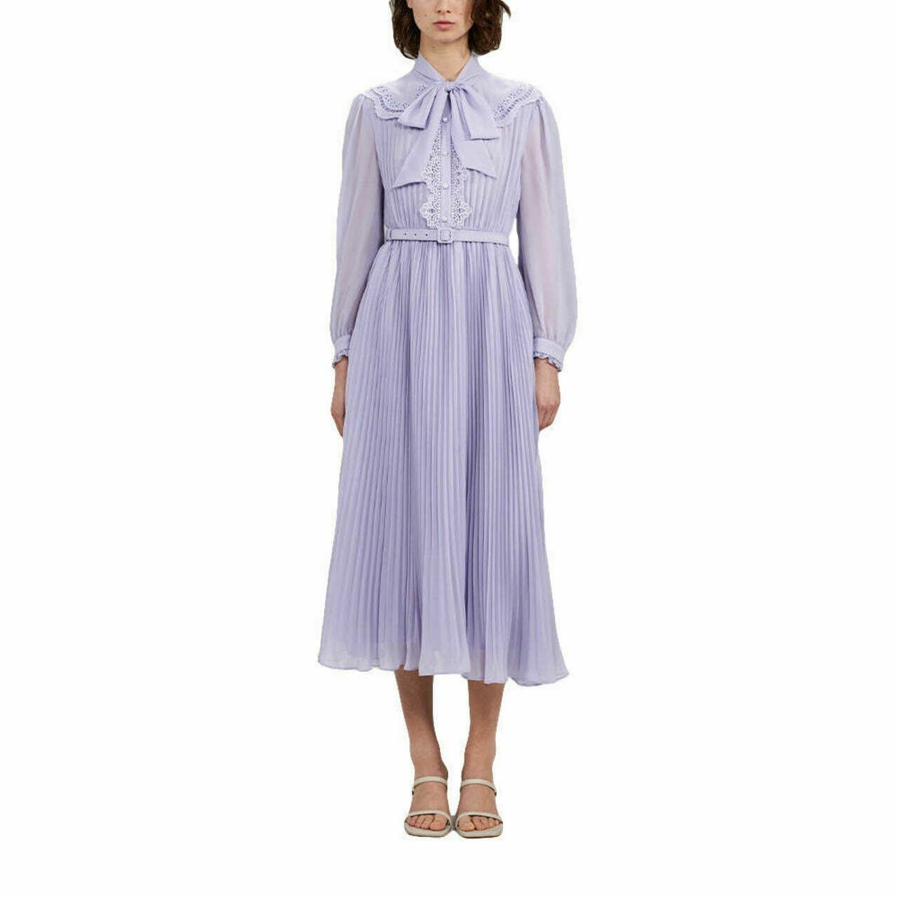 Self Portrait Broderie Collar Chiffon Midi Dress Lilac