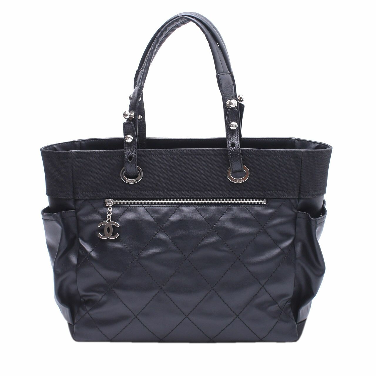 Chanel Paris-Biarrtiz Black Quilted Canvas Large Shopping With Pouch Tote Bag