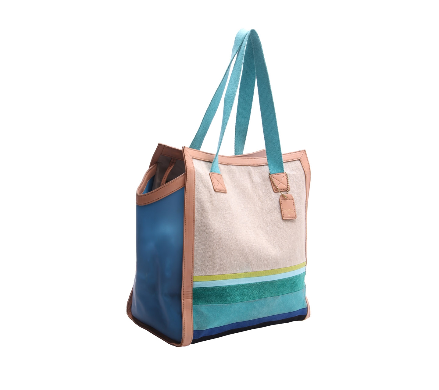 Fossil Blue & Light Brown Stripe Tessa Beach Canvas & Leather Large Tote Bag 