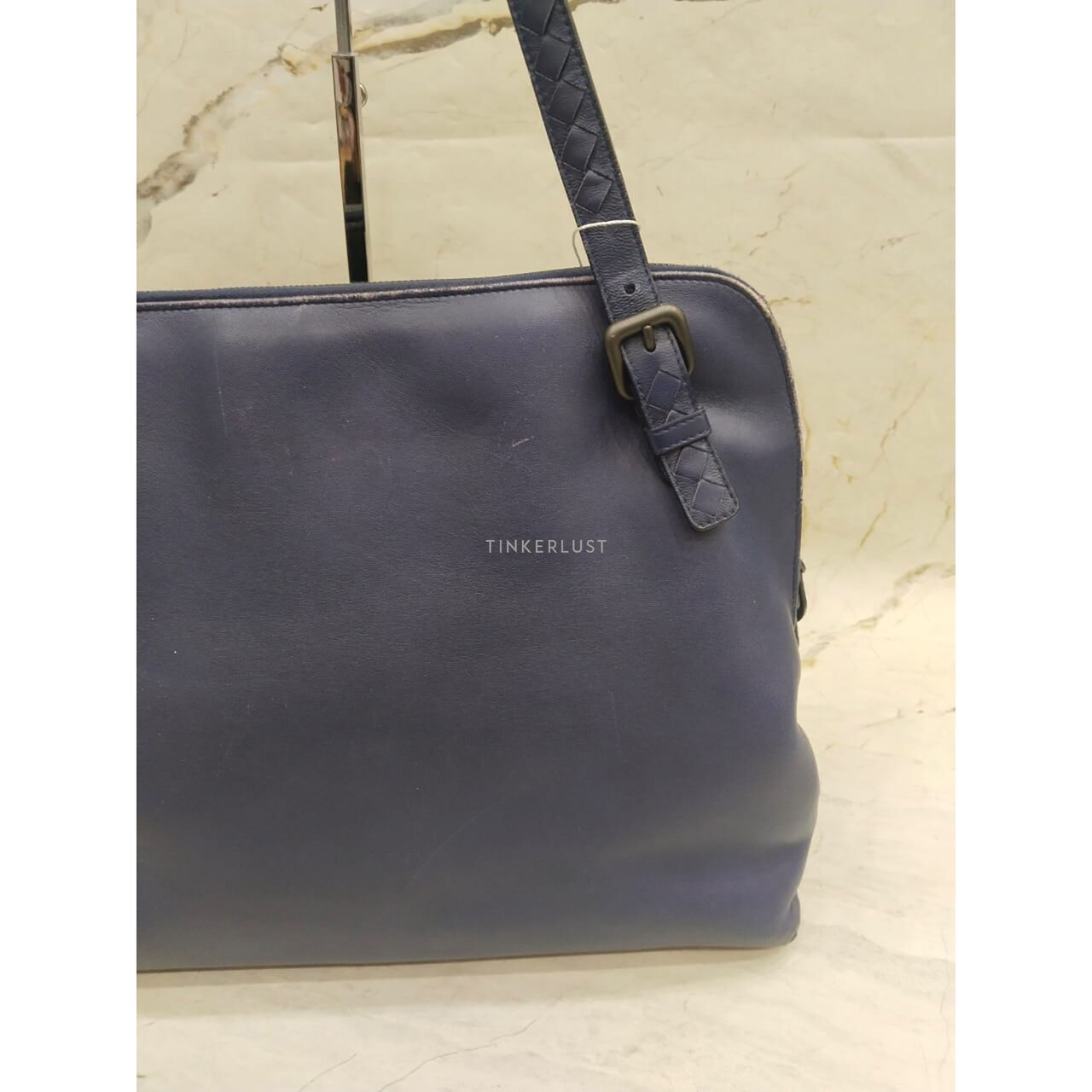 Bottega Veneta Specchio Intrecciato 2-Compartment Blue Shoulder Bag