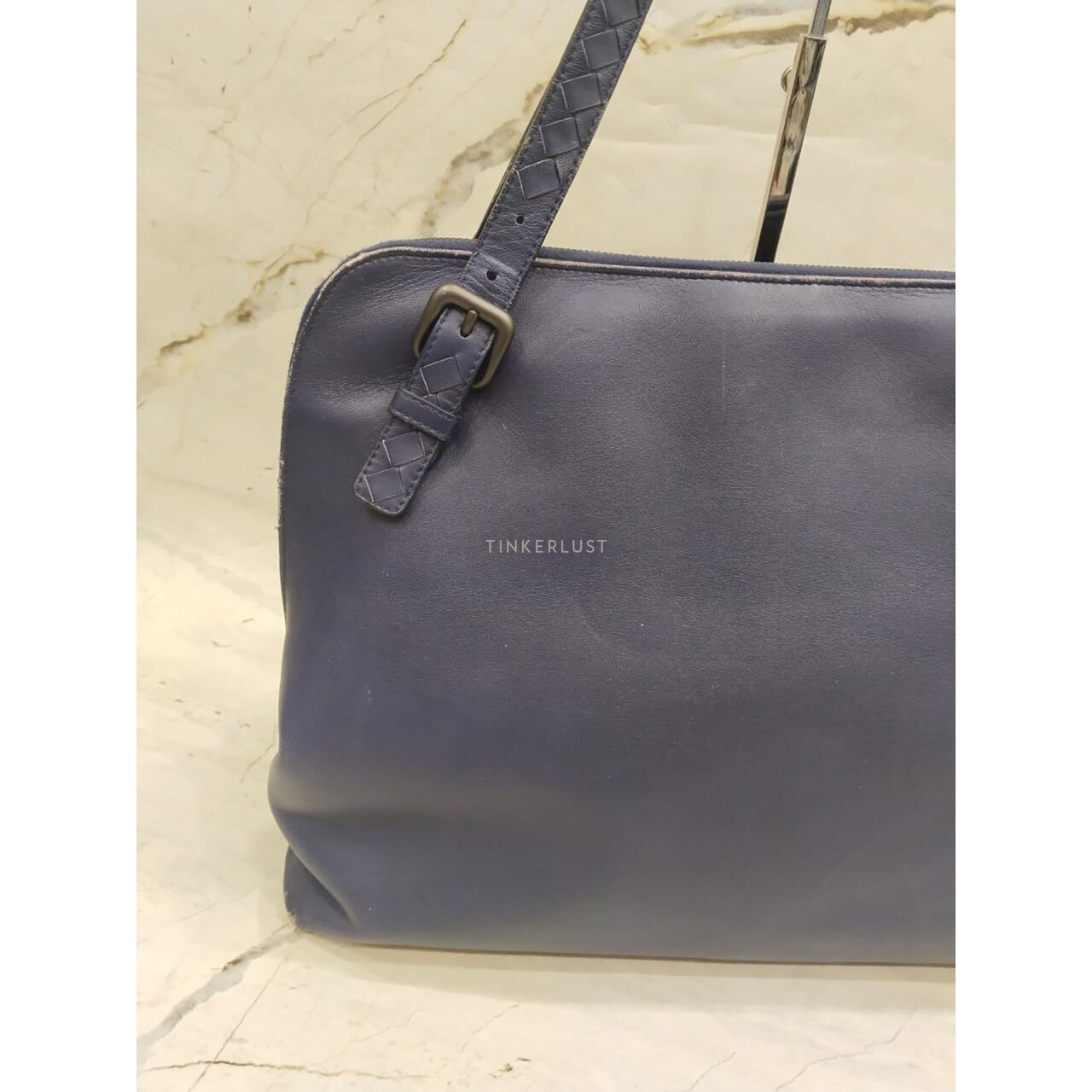 Bottega Veneta Specchio Intrecciato 2-Compartment Blue Shoulder Bag