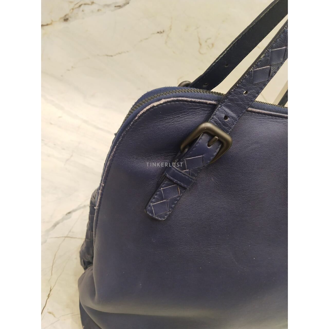 Bottega Veneta Specchio Intrecciato 2-Compartment Blue Shoulder Bag