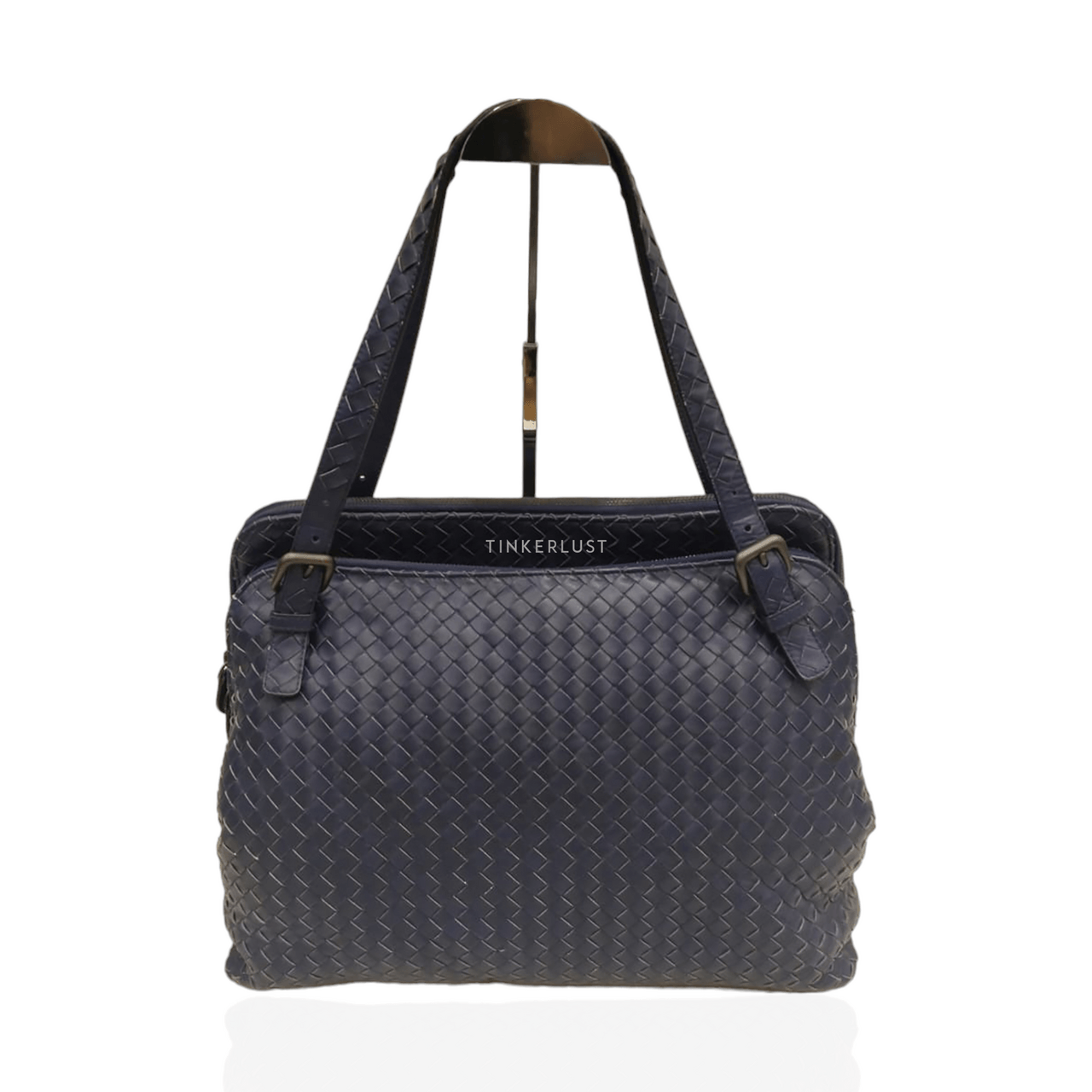 Bottega Veneta Specchio Intrecciato 2-Compartment Blue Shoulder Bag