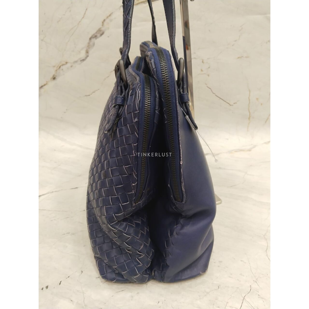 Bottega Veneta Specchio Intrecciato 2-Compartment Blue Shoulder Bag