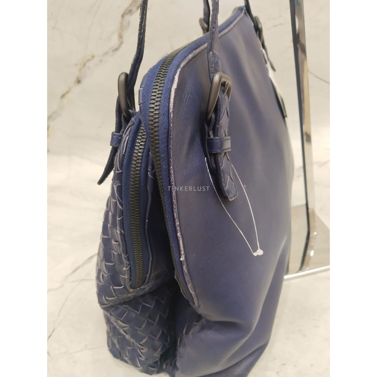 Bottega Veneta Specchio Intrecciato 2-Compartment Blue Shoulder Bag