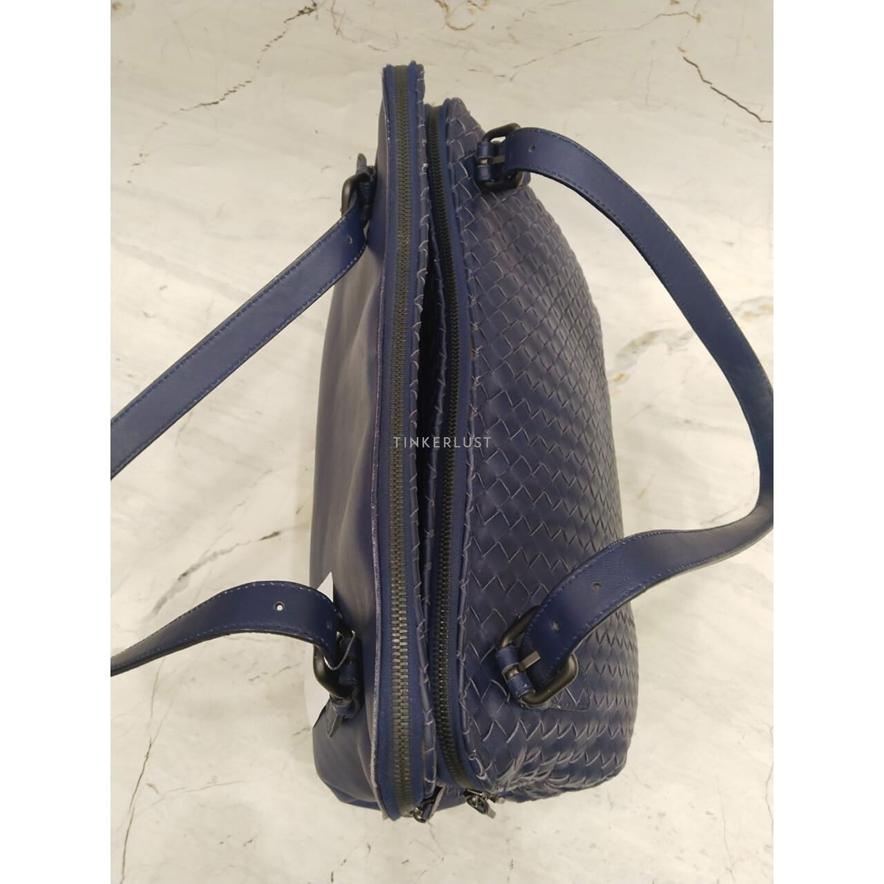 Bottega Veneta Specchio Intrecciato 2-Compartment Blue Shoulder Bag