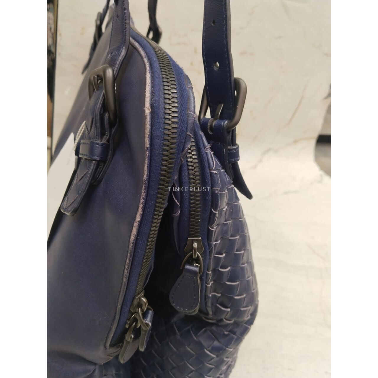 Bottega Veneta Specchio Intrecciato 2-Compartment Blue Shoulder Bag