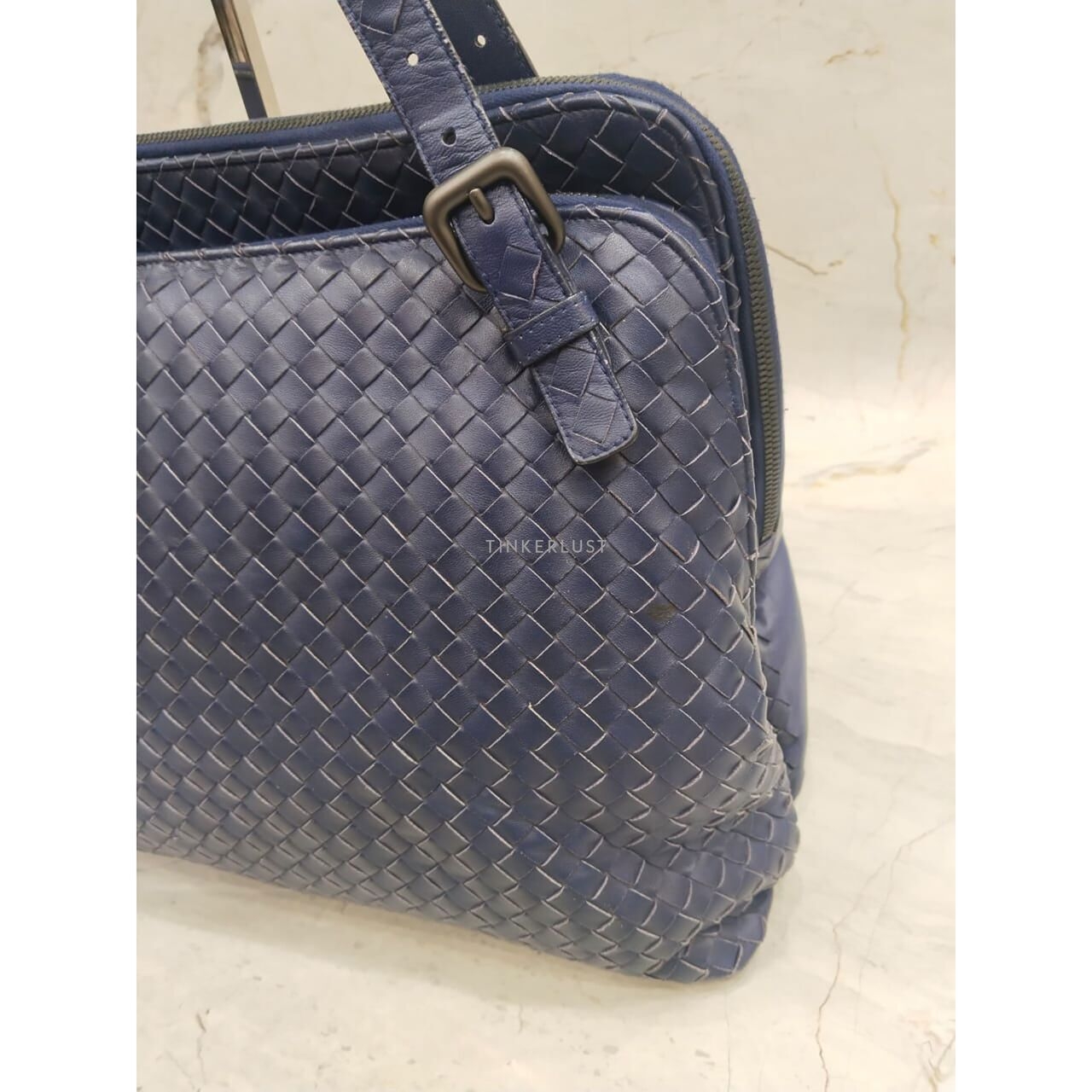 Bottega Veneta Specchio Intrecciato 2-Compartment Blue Shoulder Bag