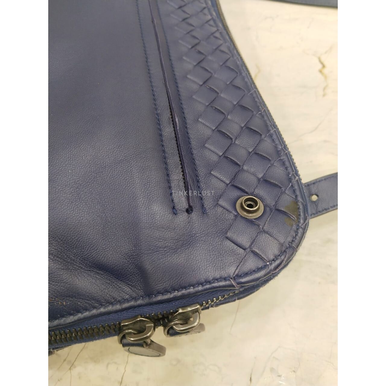 Bottega Veneta Specchio Intrecciato 2-Compartment Blue Shoulder Bag