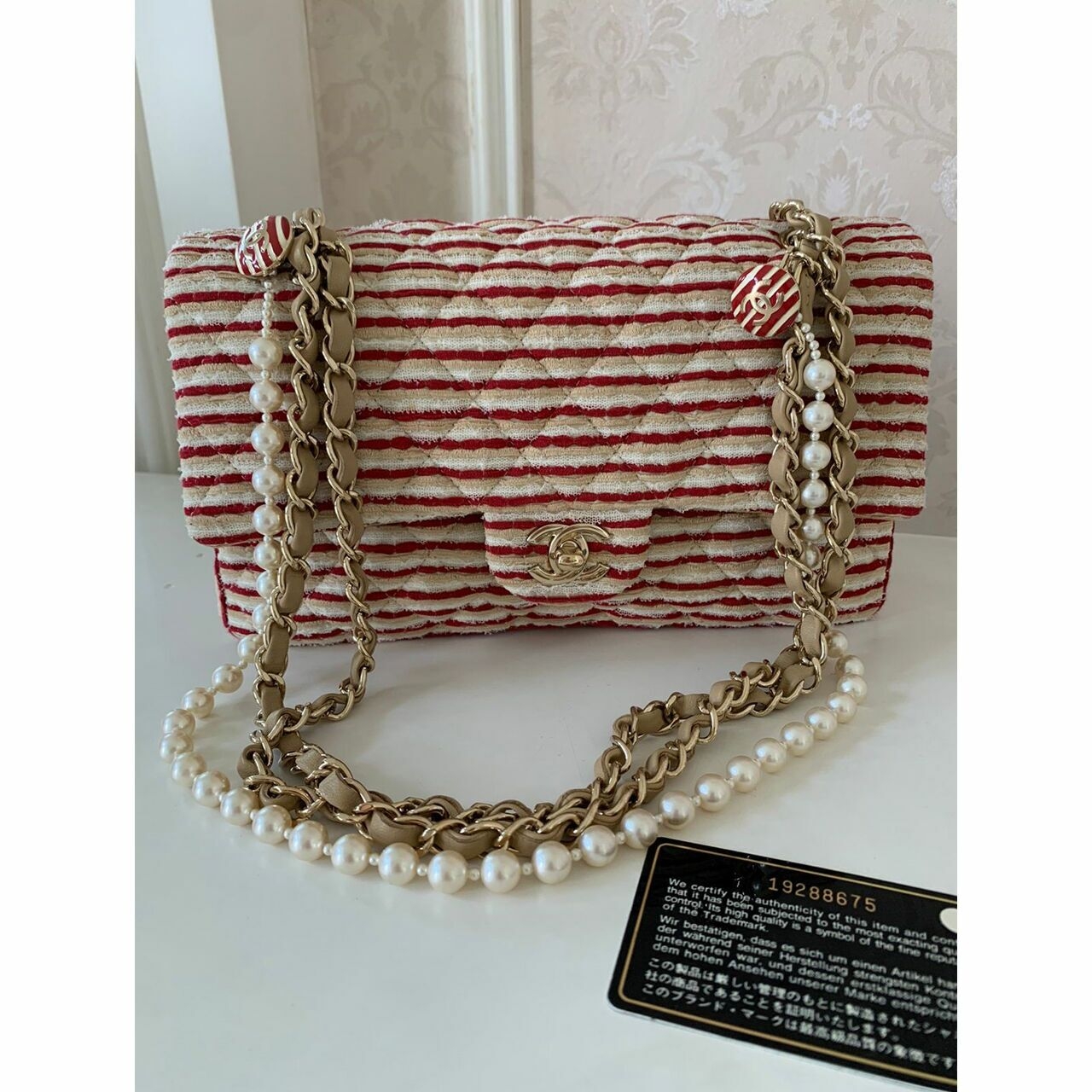 Chanel Jersey Medium Coco Sailor Double Flap Red & White #19 Shoulder Bag