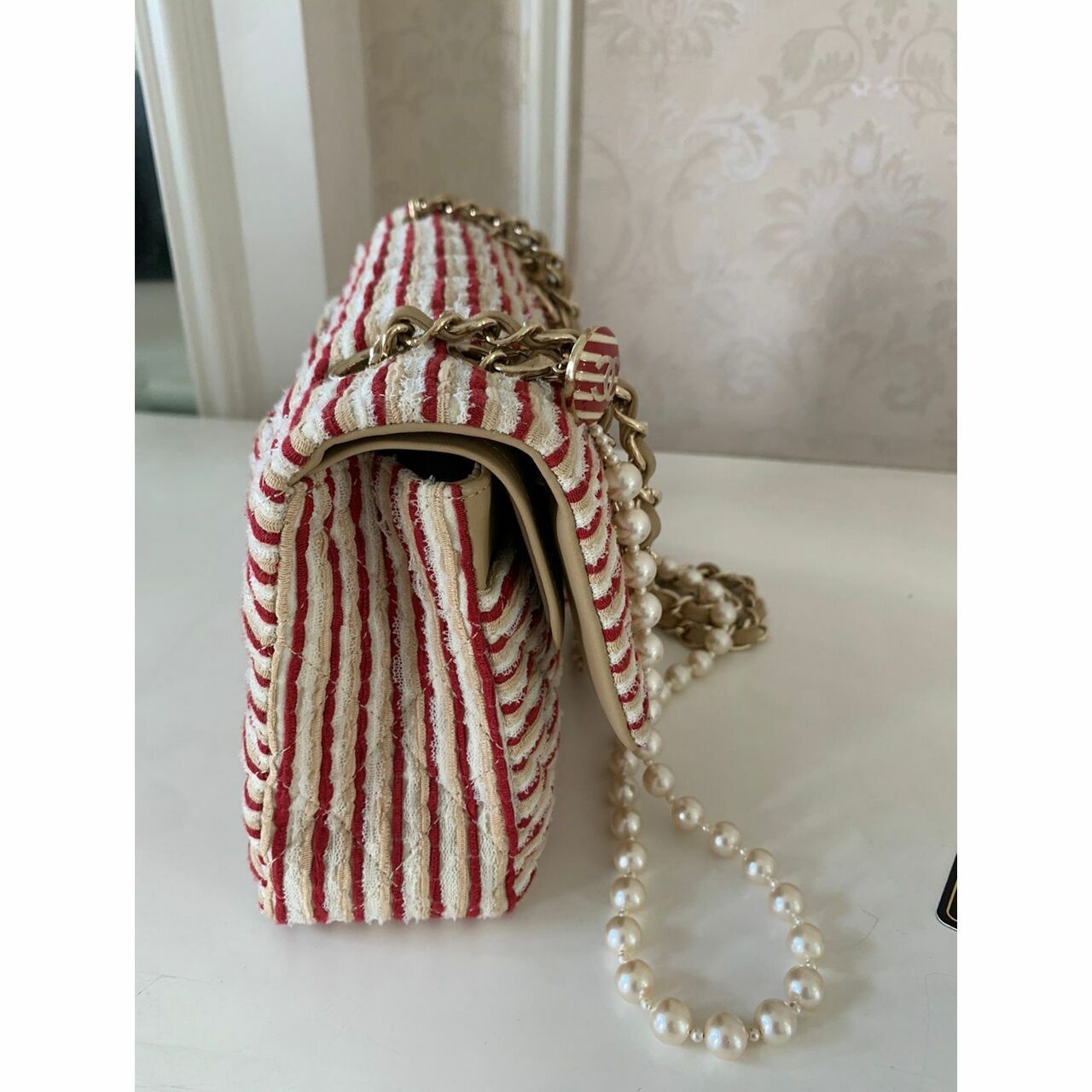 Chanel Jersey Medium Coco Sailor Double Flap Red & White #19 Shoulder Bag