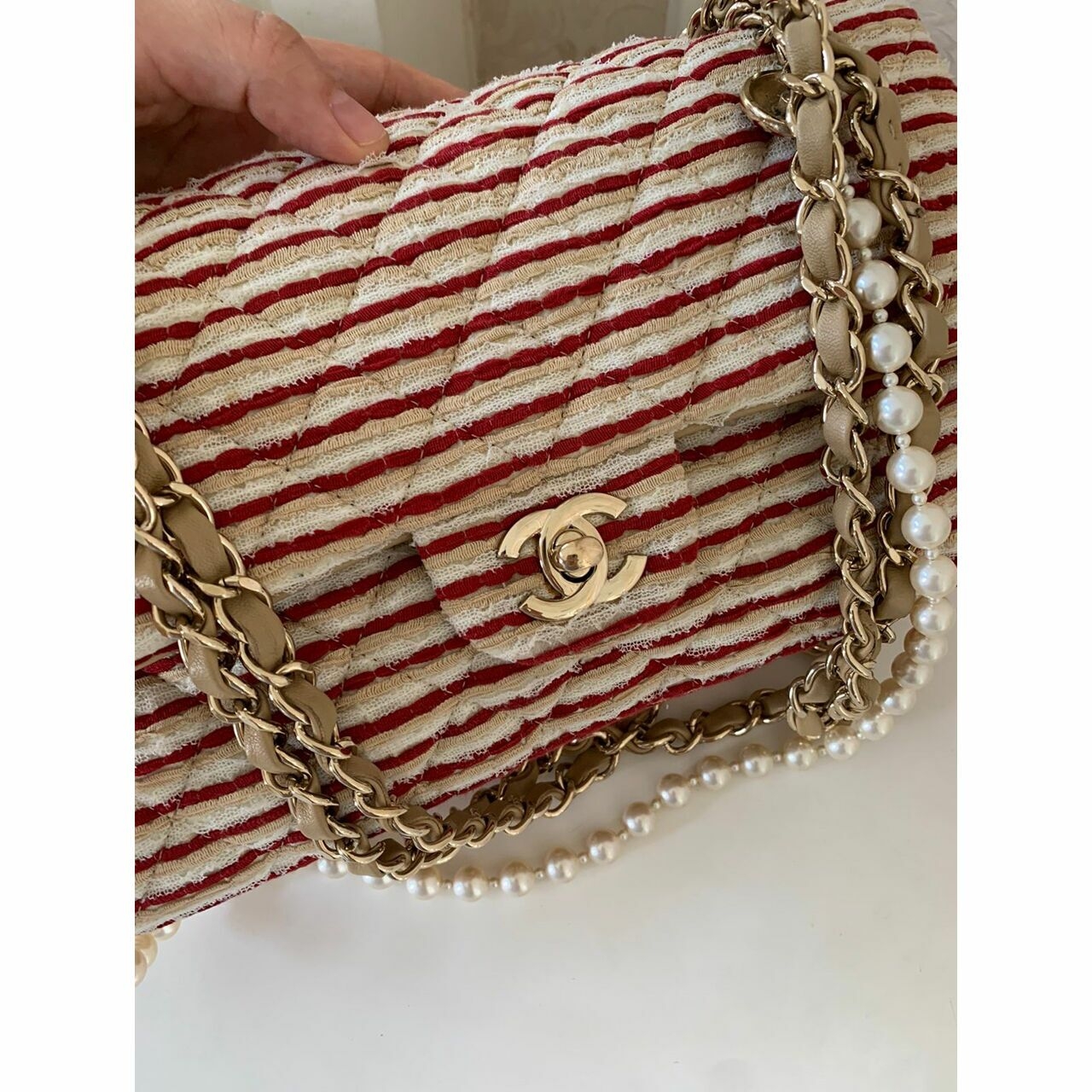 Chanel Jersey Medium Coco Sailor Double Flap Red & White #19 Shoulder Bag