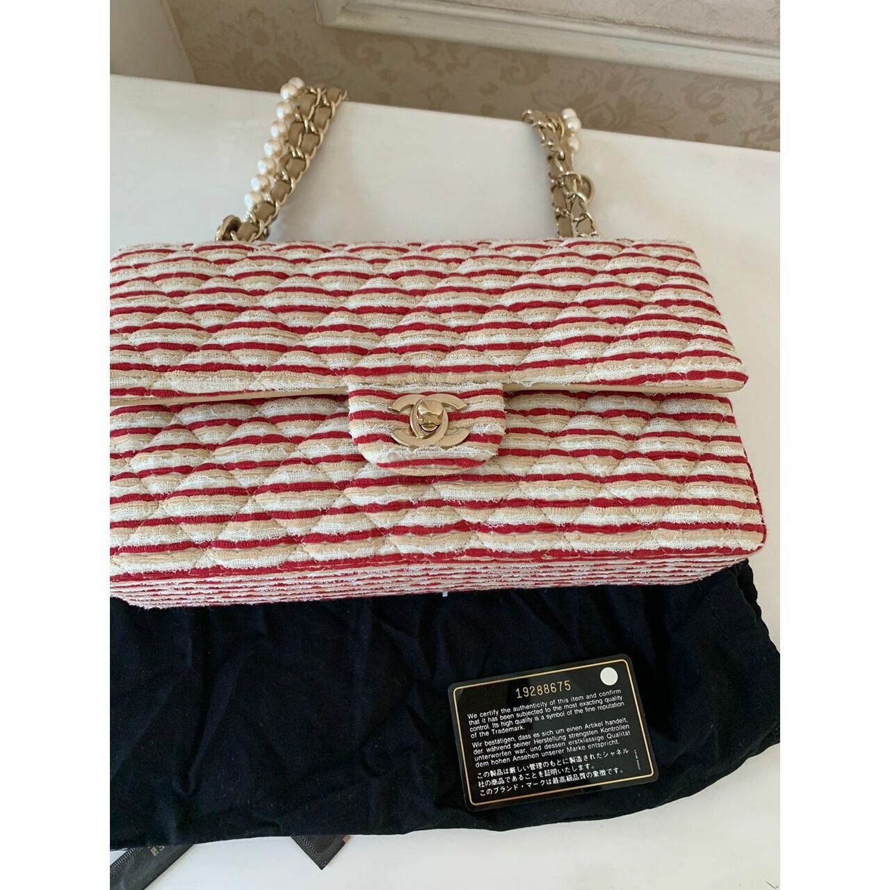 Chanel Jersey Medium Coco Sailor Double Flap Red & White #19 Shoulder Bag