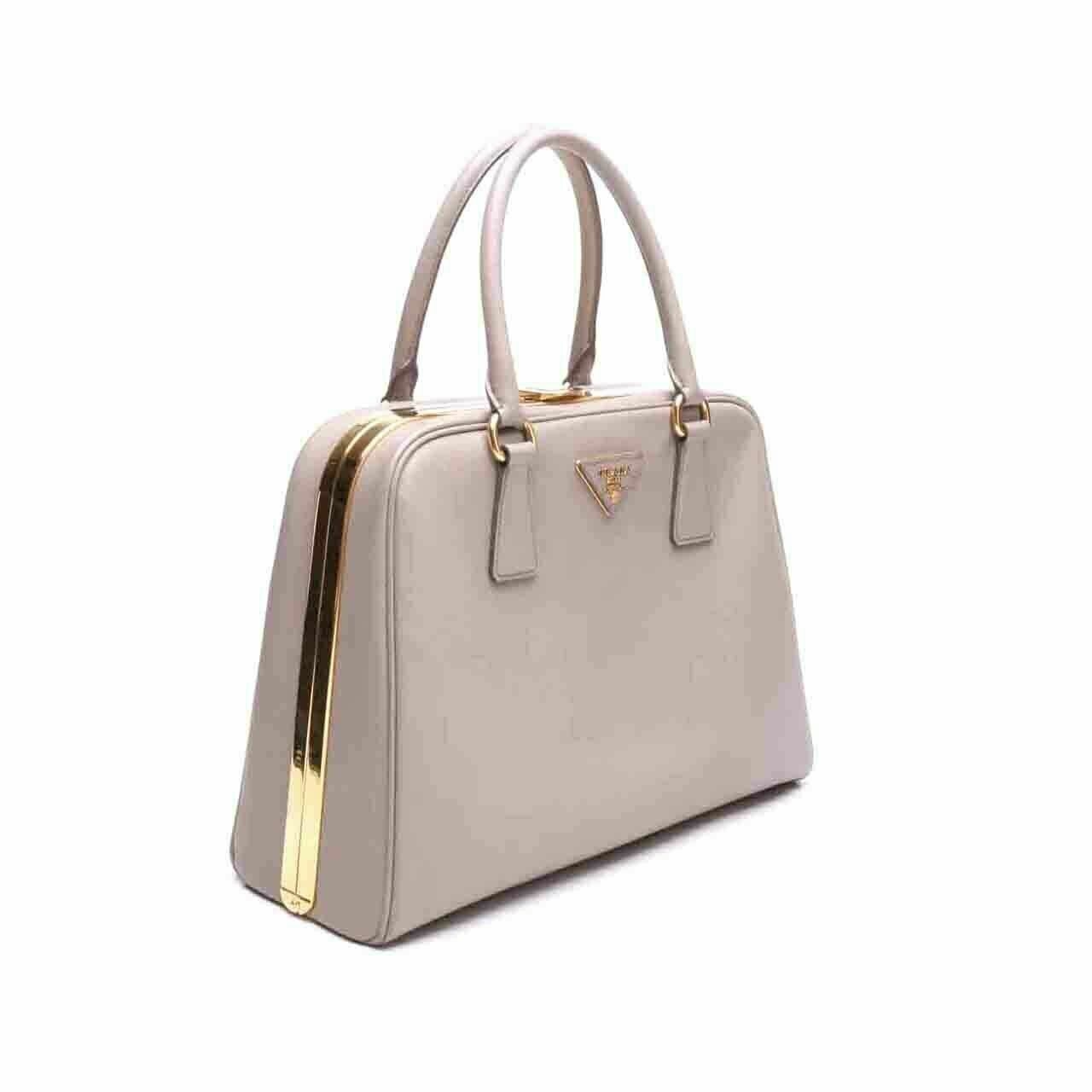 Prada BL0808 Safiano Lux Frame Top Handle Argilla Handbag