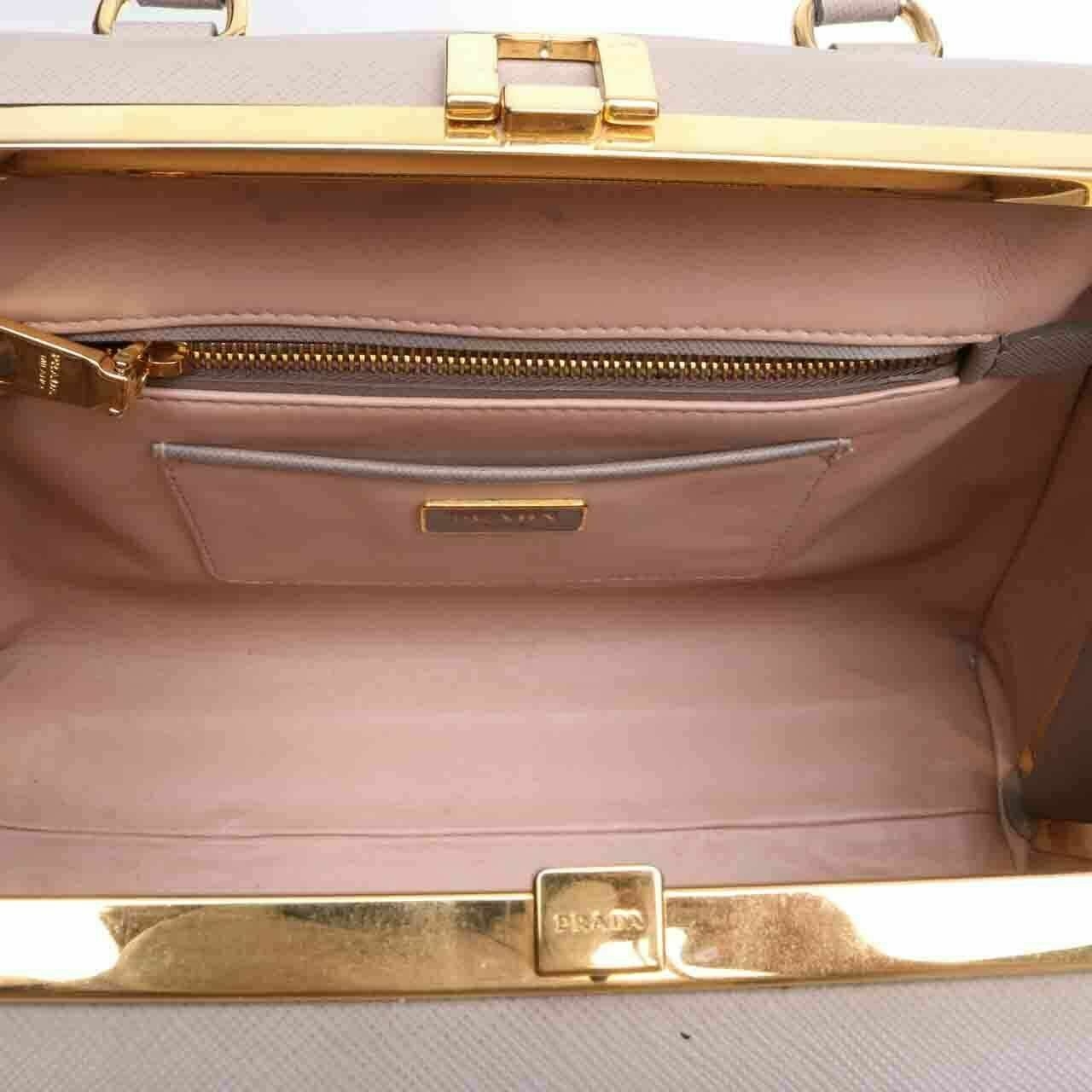 Prada BL0808 Safiano Lux Frame Top Handle Argilla Handbag