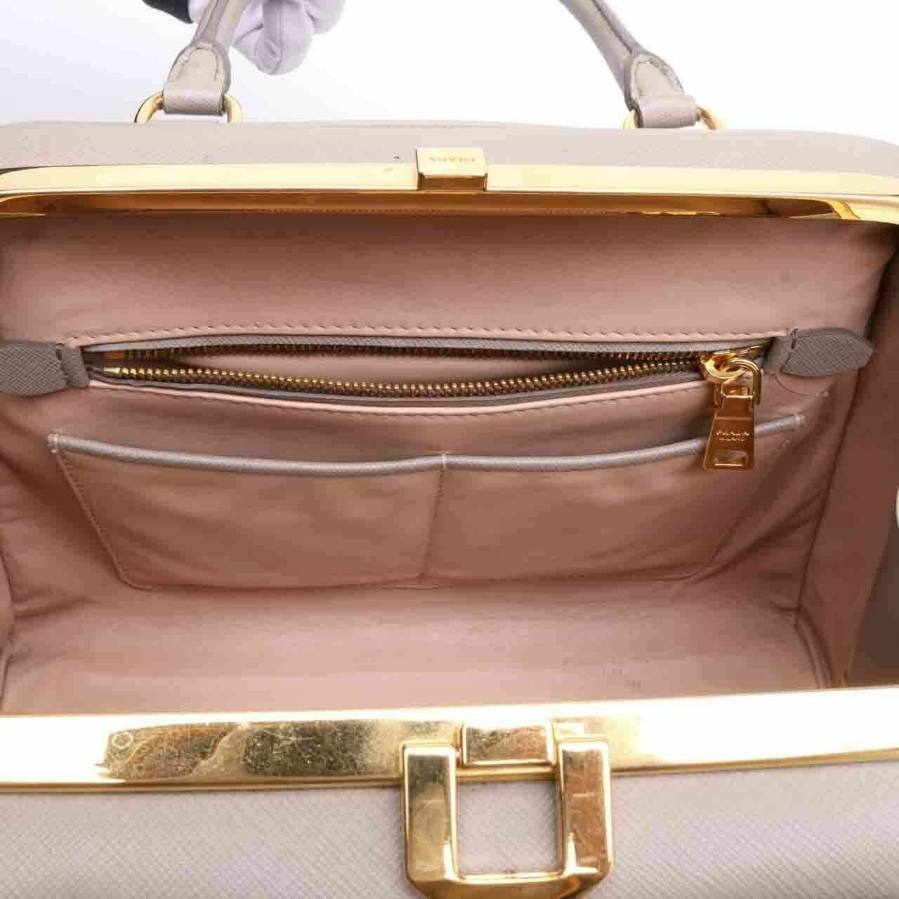 Prada BL0808 Safiano Lux Frame Top Handle Argilla Handbag