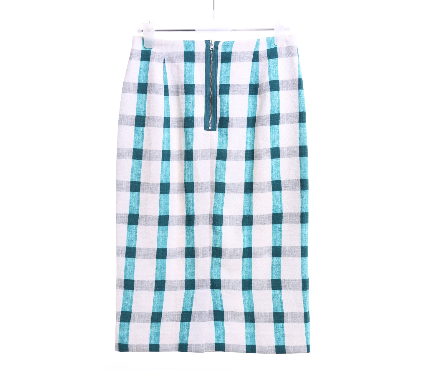 Zara White And Green Plaid Straight Midi Skirt