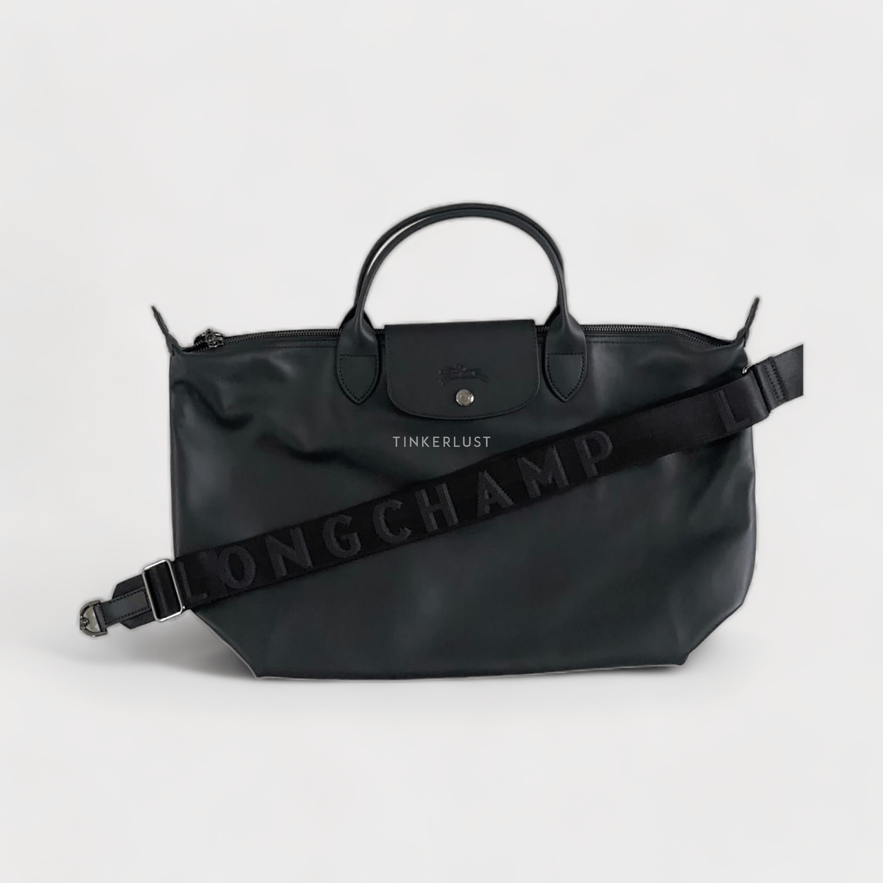 Longchamp Large/Medium Le Pliage Extra in Black Leather Satchel 