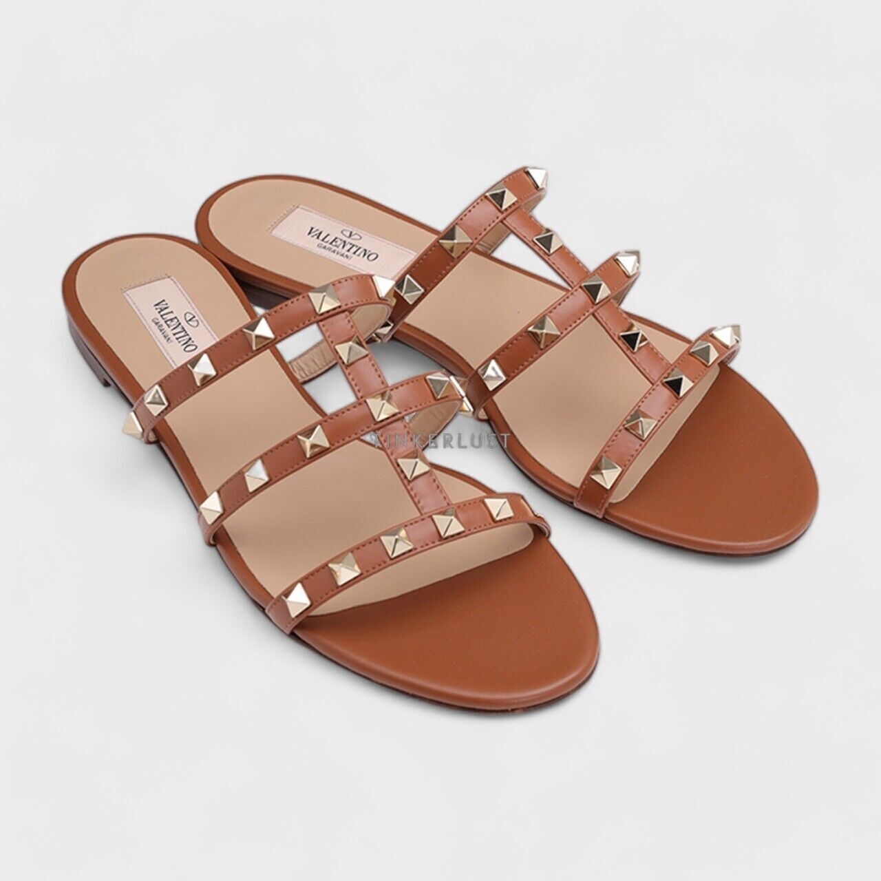 Valentino Rockstud Strappy Slides in Saddle Brown Sandals