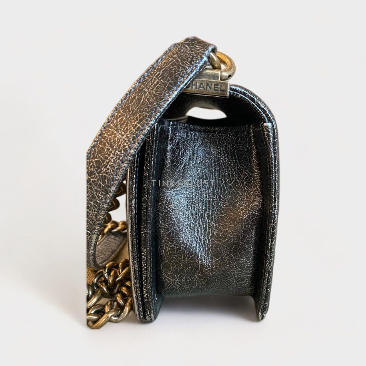 Chanel Boy Medium Black Metallic Cracked Leather Aged GHW #24 Shoulder Bag