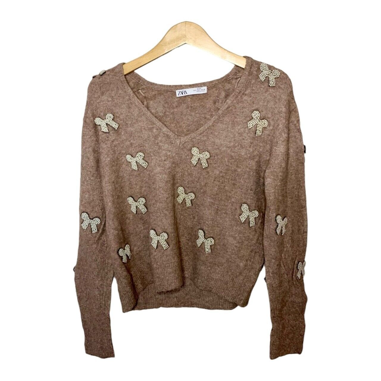 Zara Women Sweater with Faux Pearl Bows