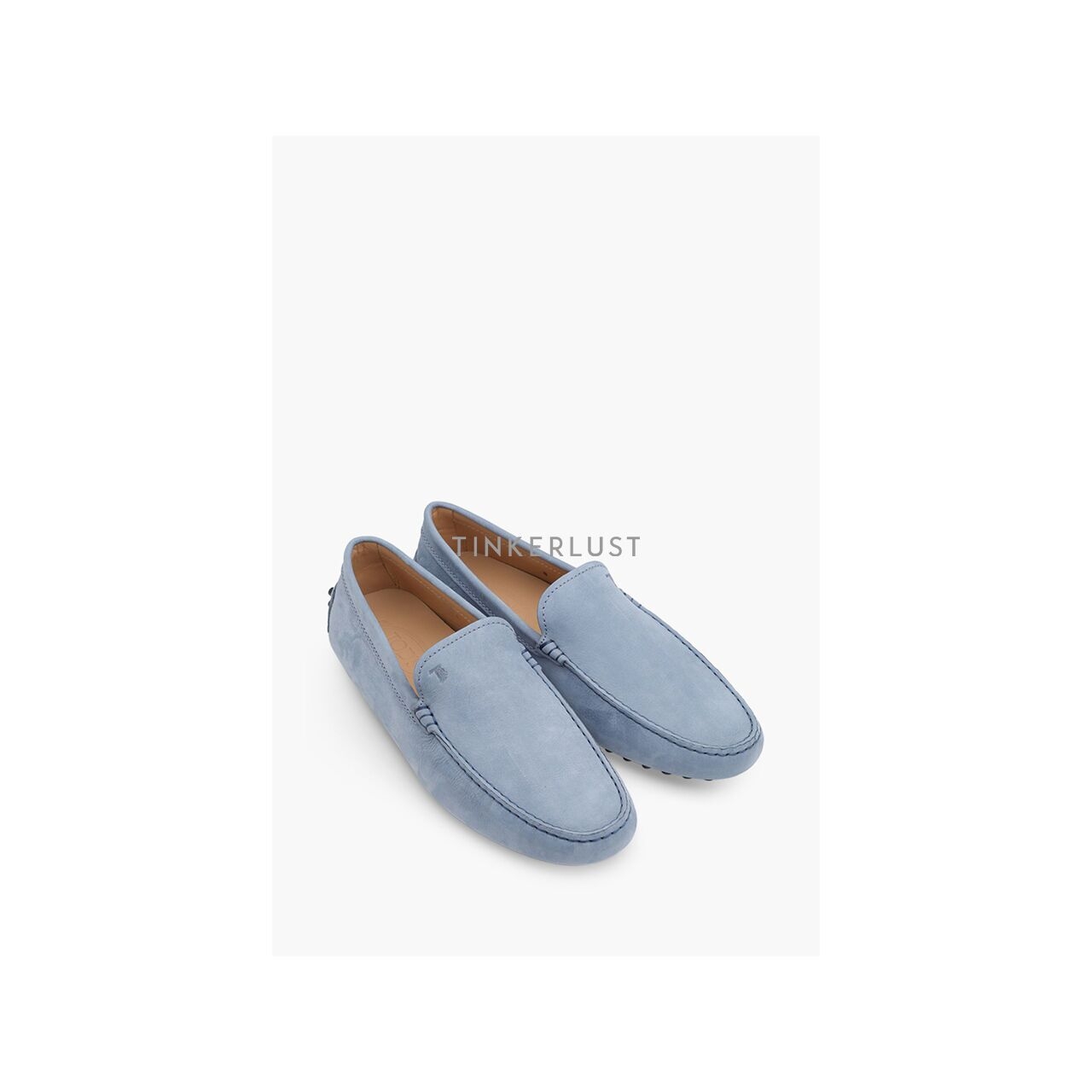 Tod's Men Gommino Driving Shoes in Light Blue Nubuck with Stamped Monogram