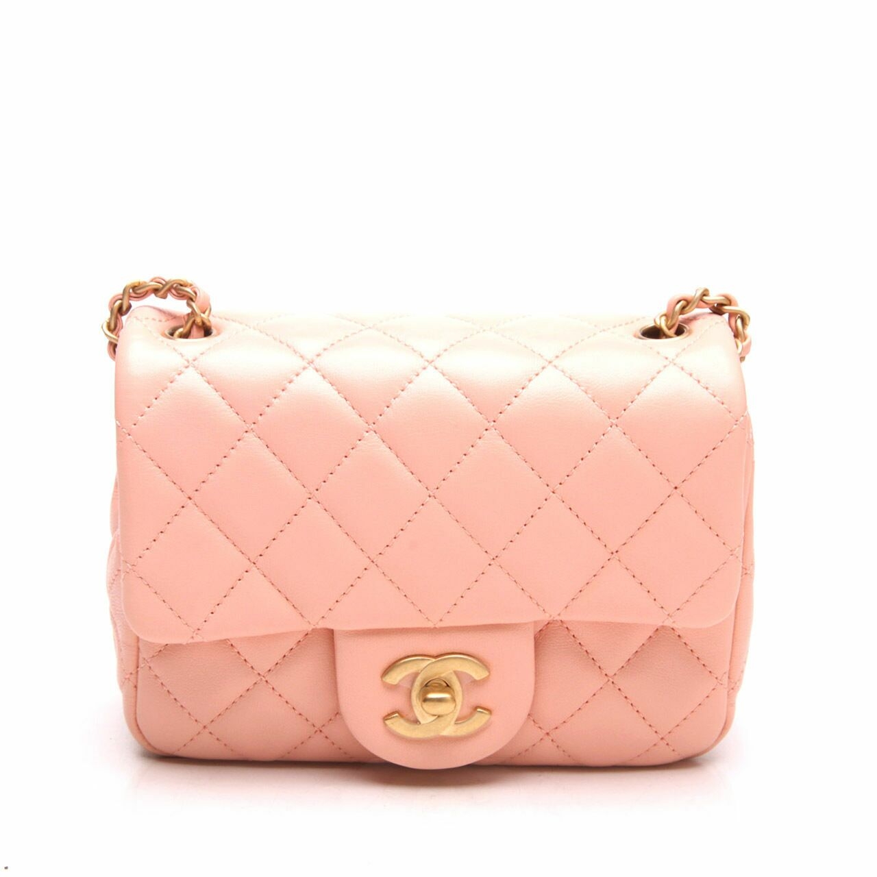 Chanel Peach Lambskin CC Pearl Crush Mini Square Flap GHW Sling Bag