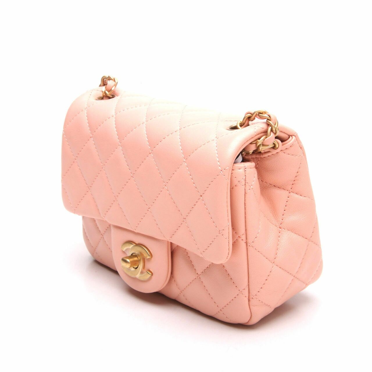 Chanel Peach Lambskin CC Pearl Crush Mini Square Flap GHW Sling Bag