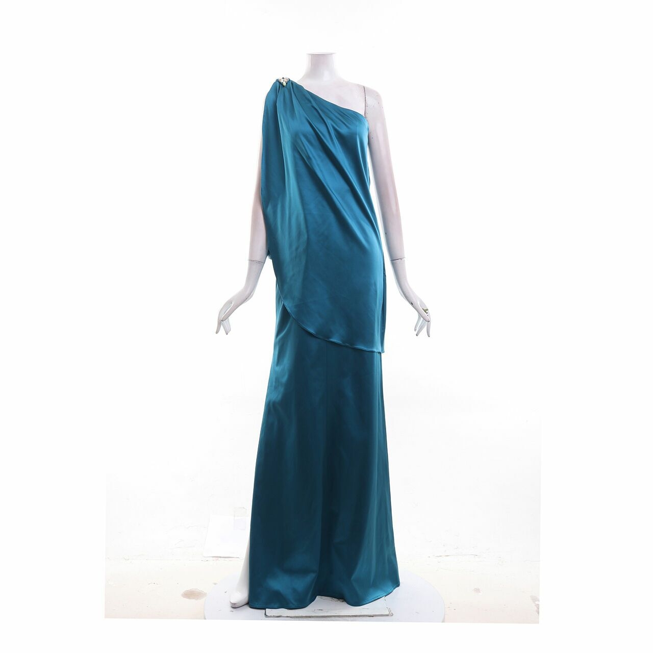 Private Collection Green Embellished and Fringe One Shoulder Long Dress 