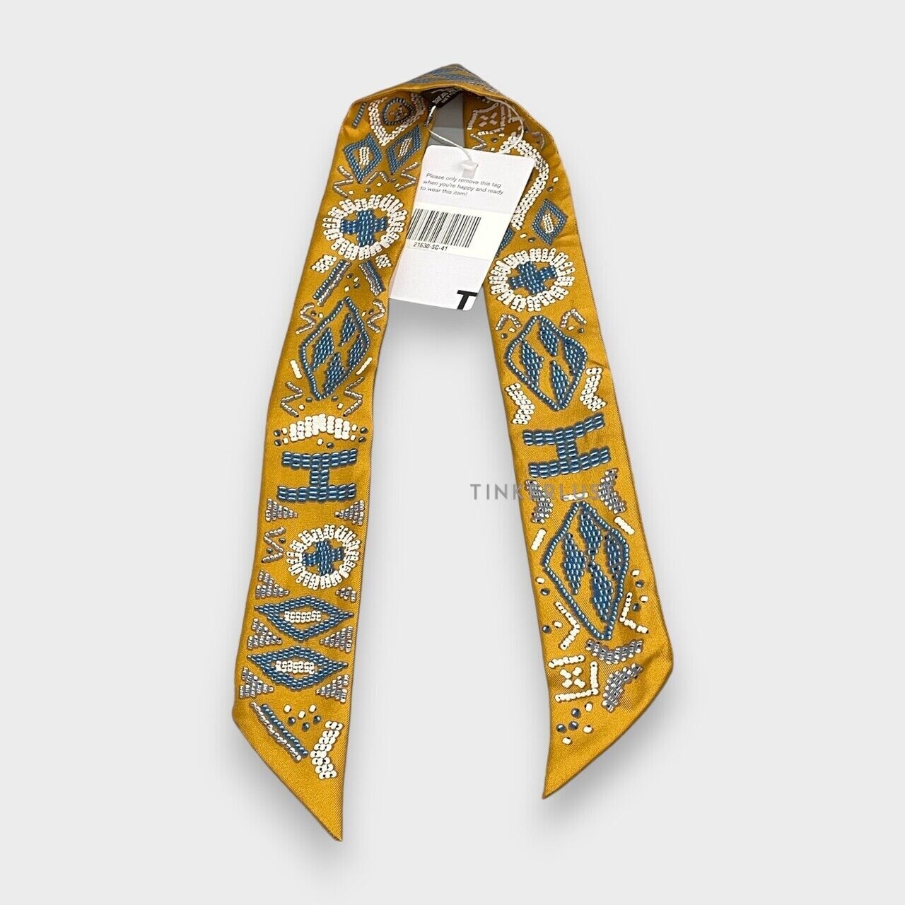 Hermes Silk Kelly en Perles Twilly Miel Bleu Jean Cream Scarf