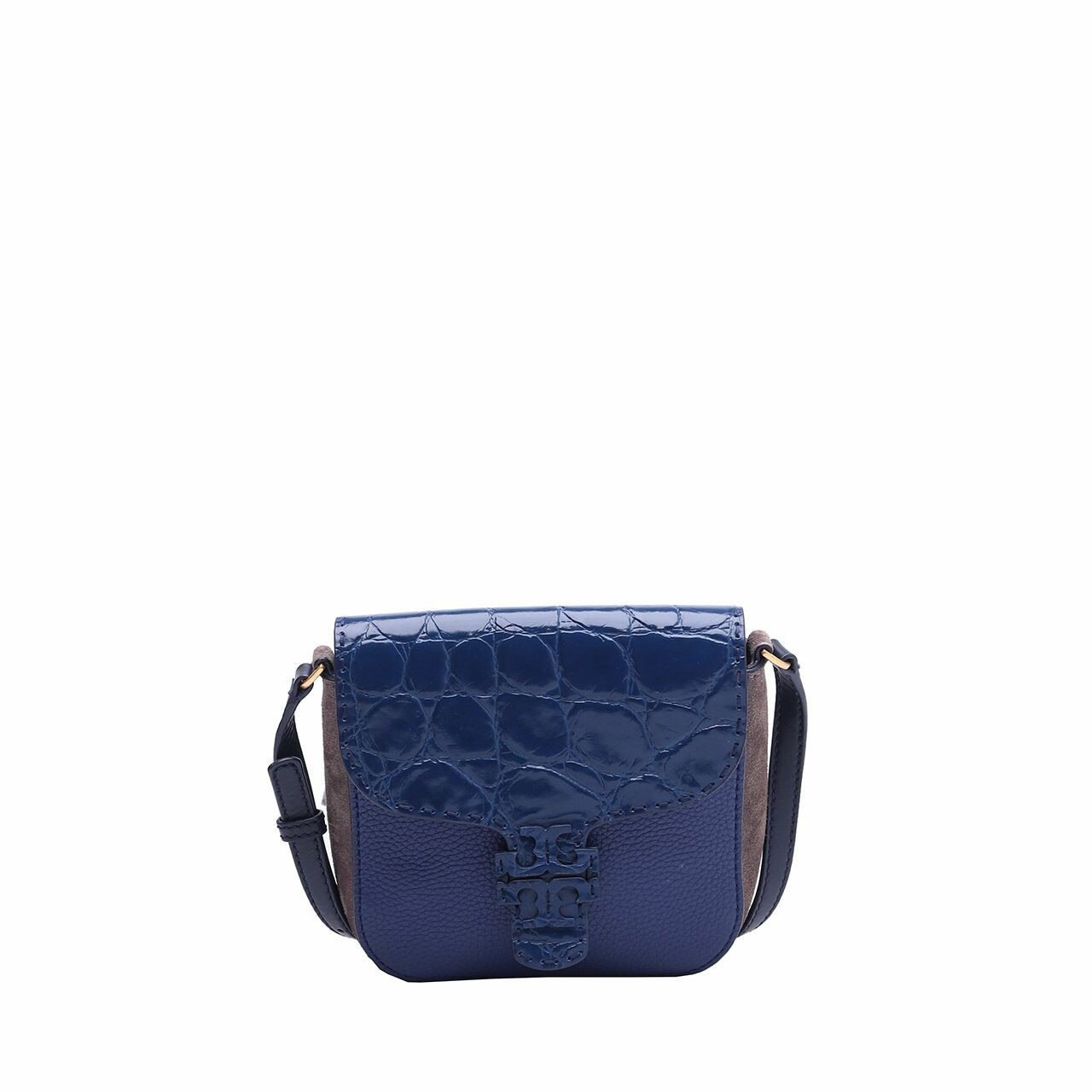 Tory Burch Mcgraw Croc Embossed Navy/Indigo/Silver Maple Leather Cross Body Bag