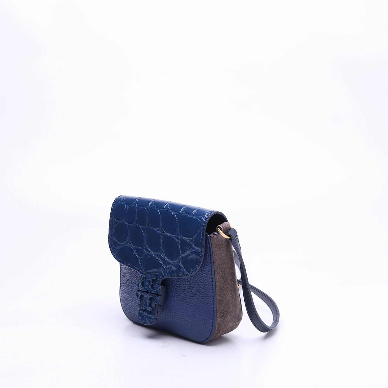 Tory Burch Mcgraw Croc Embossed Navy/Indigo/Silver Maple Leather Cross Body Bag