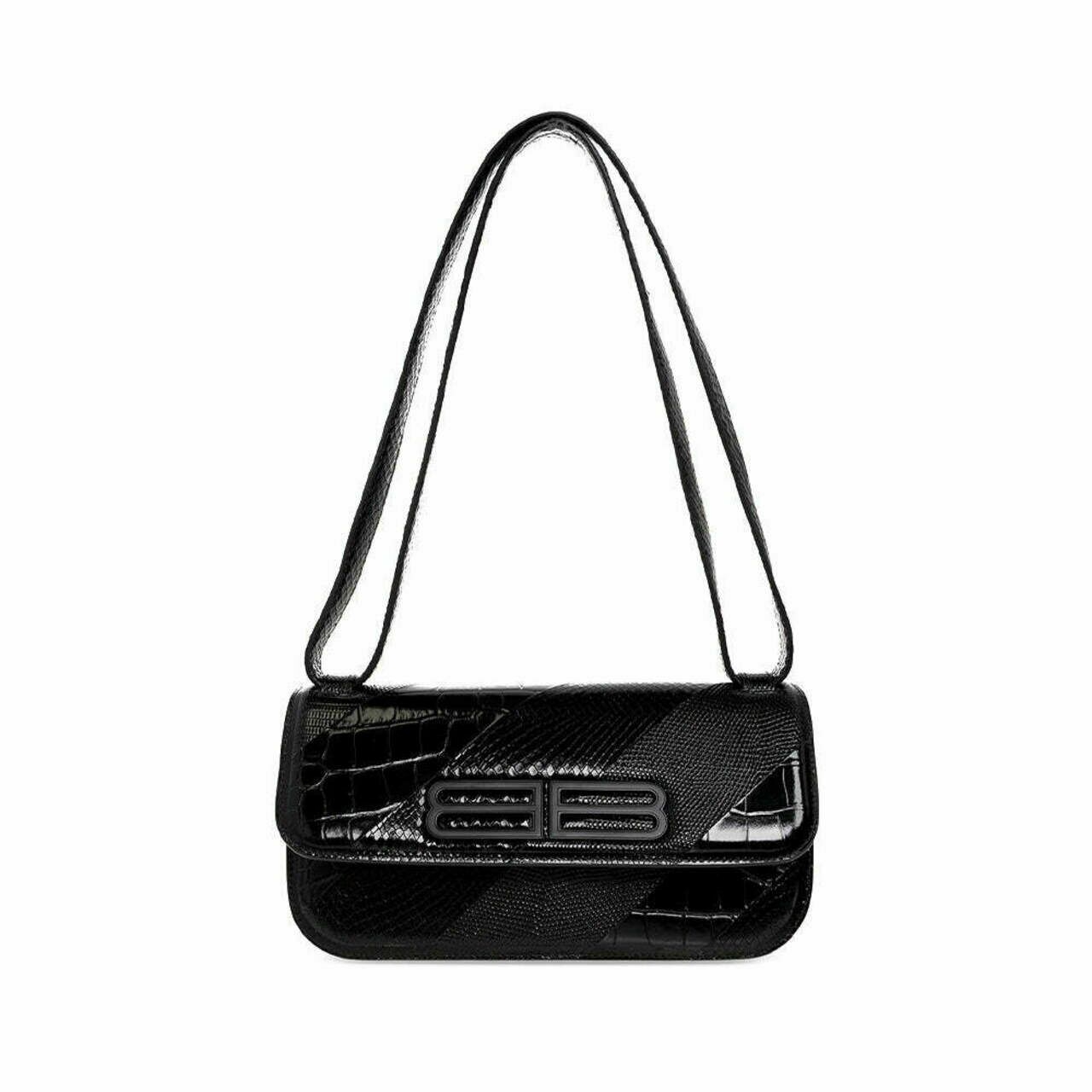 Balenciaga Gossip Bag Half Croco Snake Embossed Leather All Black