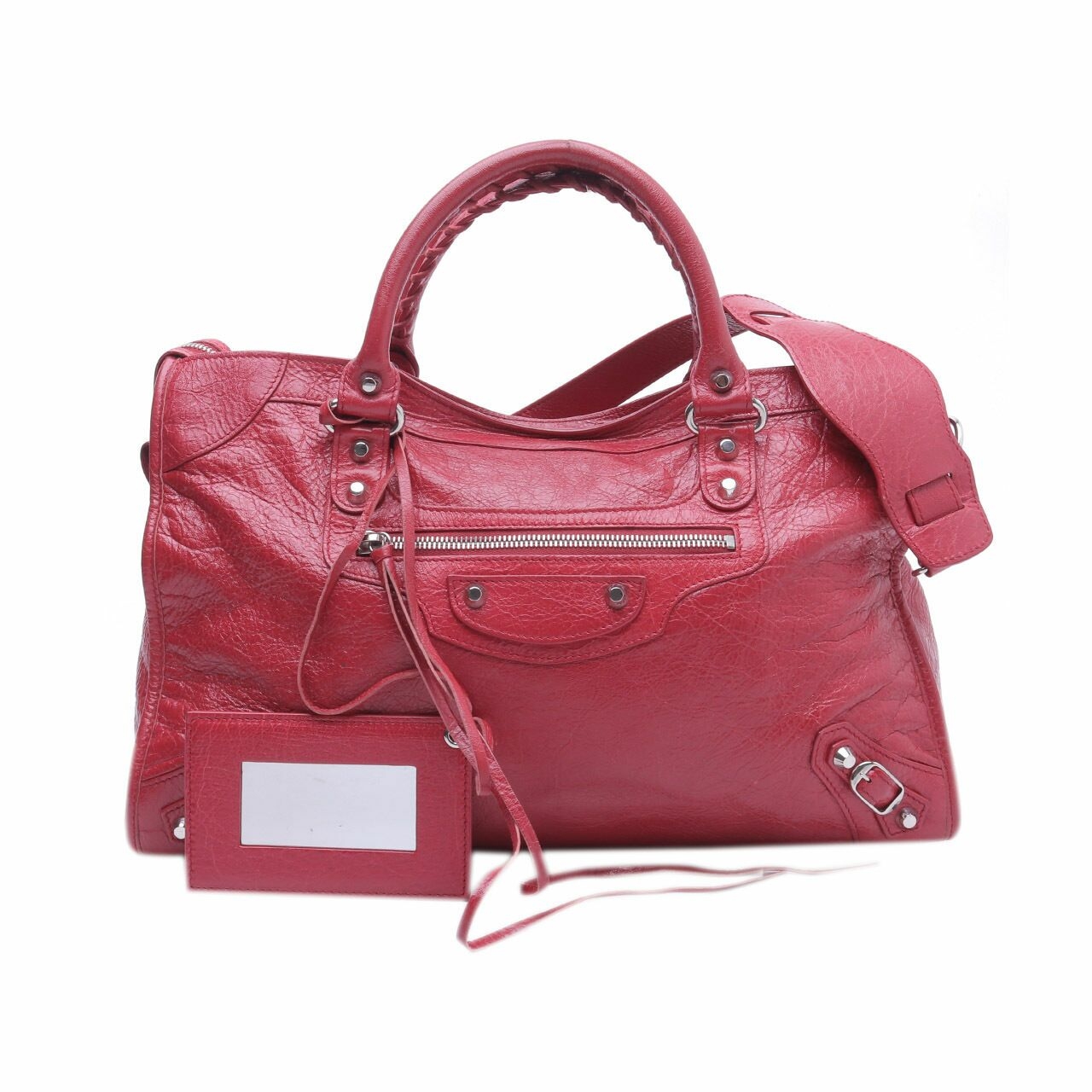 Balenciaga Agneau Classic Silver City Red Rouge Sapphire Satchel Bag